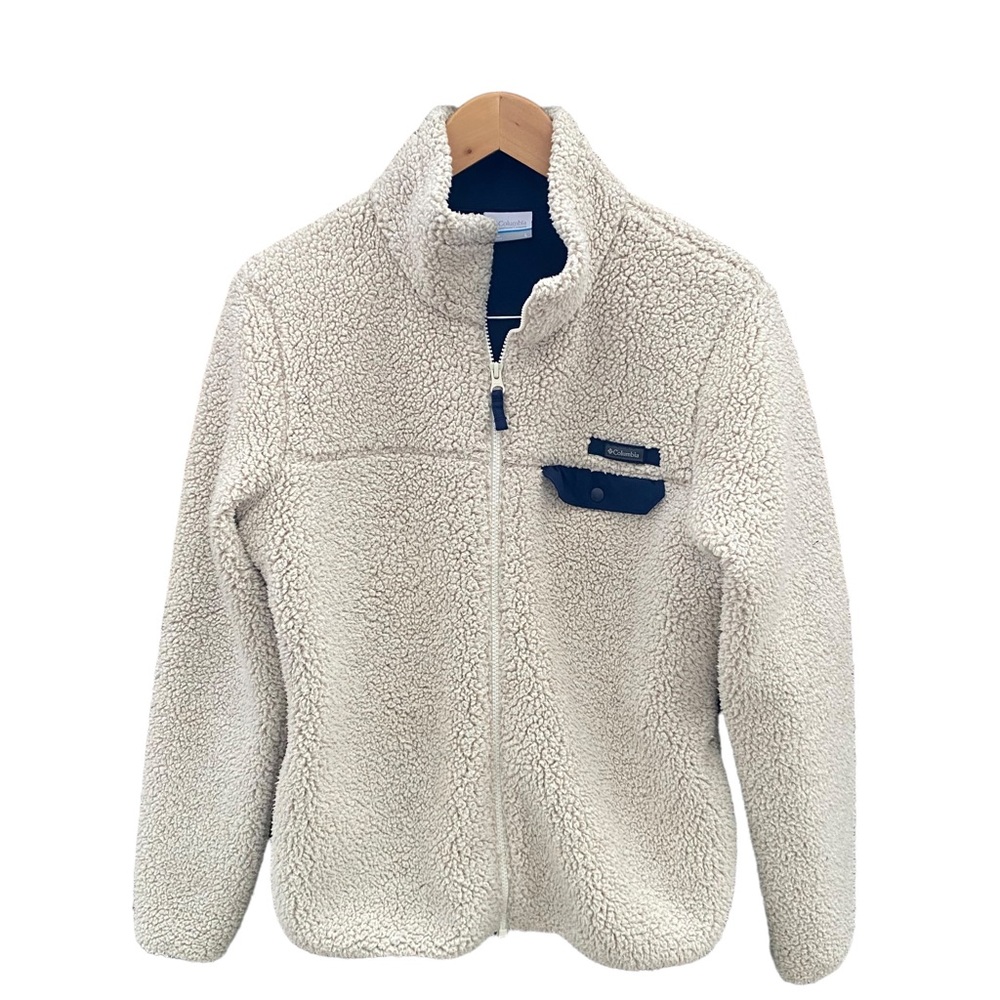 Columbia Women's Large Sherpa Fleece Full Zip Jacket Creme with Blue Detail